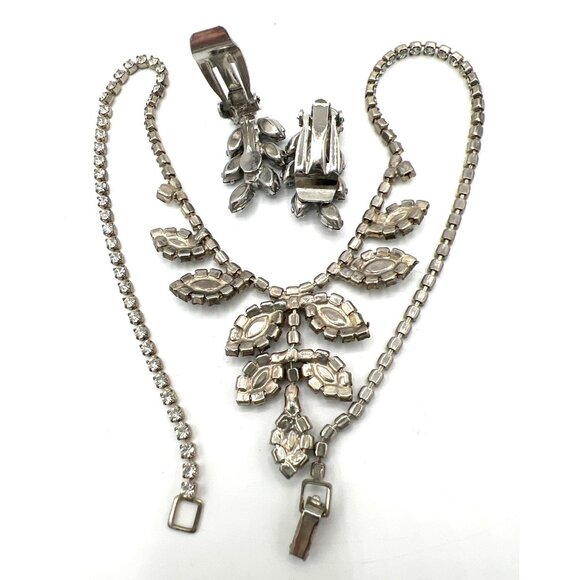 Vintage Black & Clear Rhinestone Bib Necklace Set Clip-On Earrings 1950s Glam - Picture 5 of 12